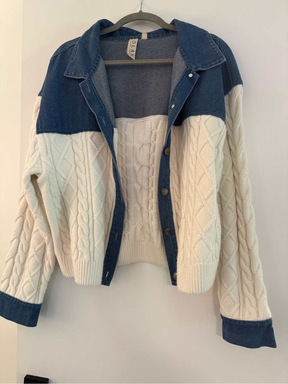 Mixed-Media Blue and Cream Cable-Knit Jean Jacket
